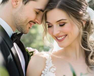 A bride and groom sharing a joyful moment surrounded by blooming spring flowers, highlighting the beauty and romance of a spring wedding celebration.