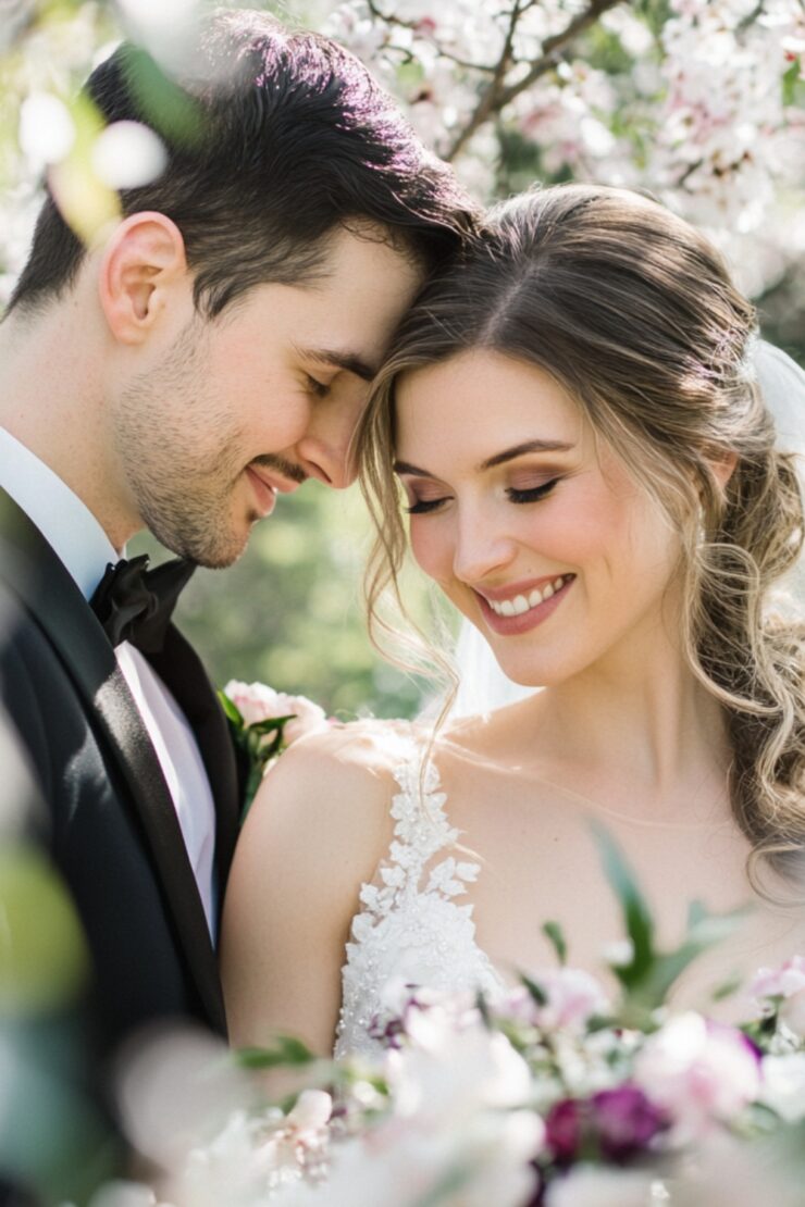 A bride and groom sharing a joyful moment surrounded by blooming spring flowers, highlighting the beauty and romance of a spring wedding celebration.