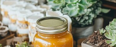 A display of various affordable wedding favors, including small jars of honey, mini succulents, and customized coasters, arranged on a rustic wooden table with wedding-themed decorations.