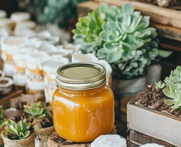 A display of various affordable wedding favors, including small jars of honey, mini succulents, and customized coasters, arranged on a rustic wooden table with wedding-themed decorations.