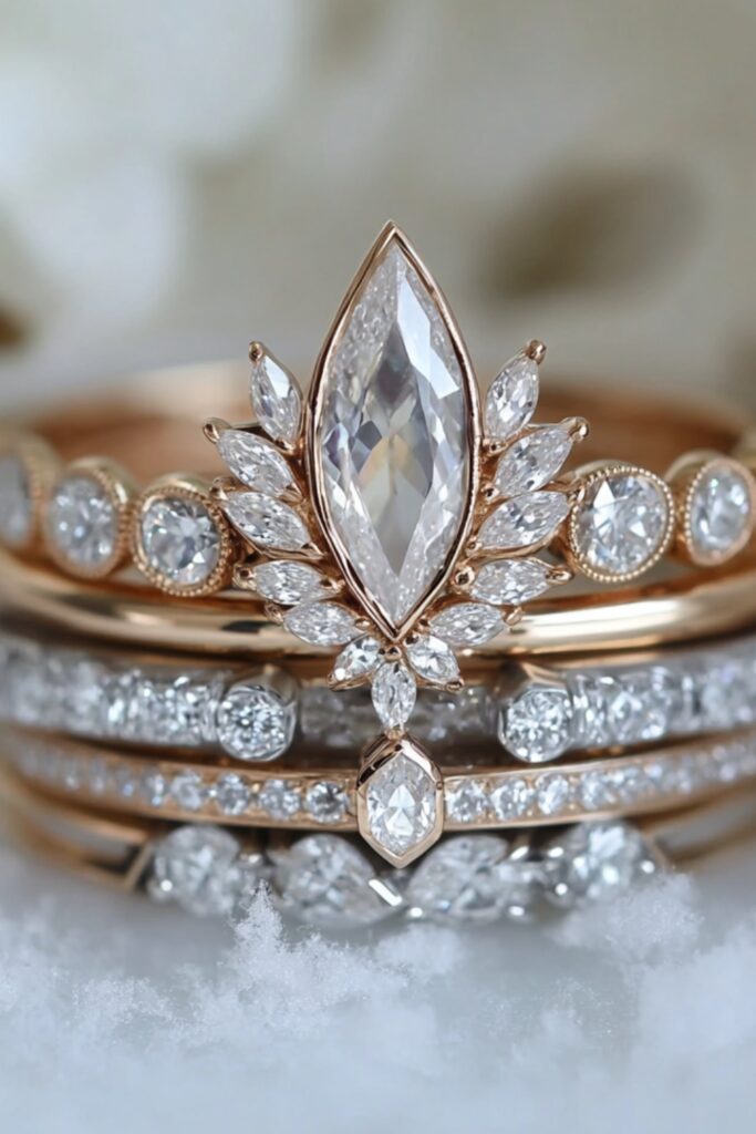 A layered marquise wedding stack with added anniversary bands featuring diamonds and gemstones, celebrating milestones and evolving love.