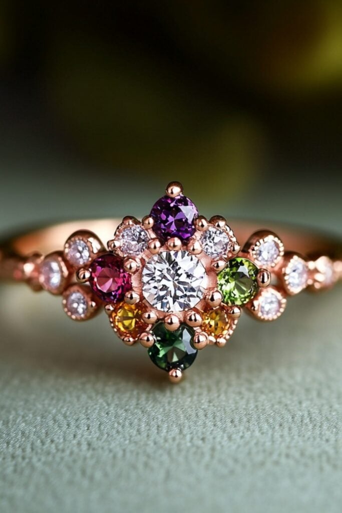 Charming antique cluster gemstone wedding band with floral-inspired arrangements, ideal for vintage romance lovers.