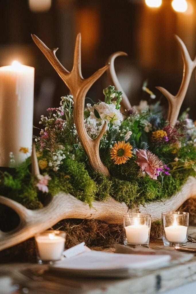 Rustic antler centerpieces combined with candles, moss, and wildflowers, showcasing Viking wedding decor ideas with a natural touch.