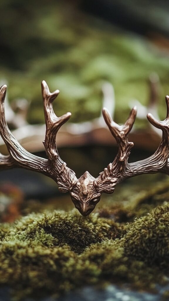 A striking antler-inspired Viking bridal crown, symbolizing strength and unity with nature, resting on a mossy surface for a forest-themed wedding.