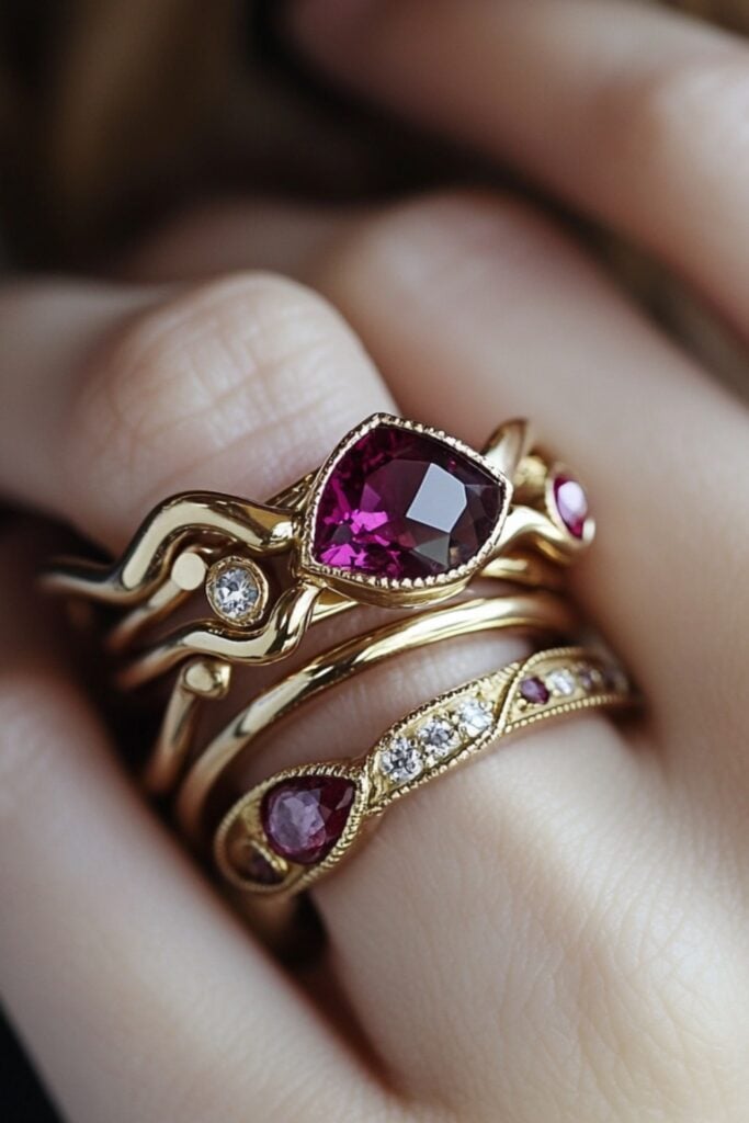 Creative and playful ring stack with asymmetrical bands featuring off-center gemstone placements, unique curves, and open-ended designs for a bold style.