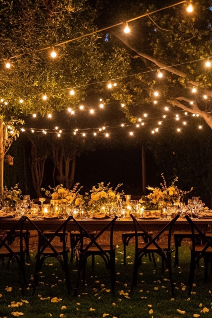 An intimate backyard wedding setup with twinkling string lights, cozy seating arrangements, and a romantic dinner table under the stars.
