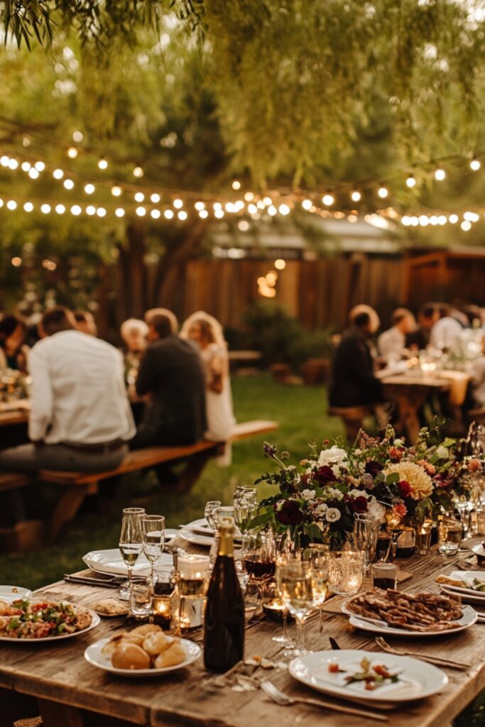 A cozy backyard wedding reception with rustic wooden tables, string lights, floral centerpieces, and guests enjoying a relaxed barbecue.