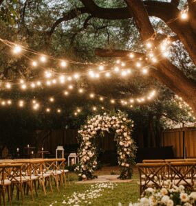 A beautifully decorated backyard wedding ceremony with an intimate setup, including string lights, floral arrangements, and wooden chairs under a large tree.