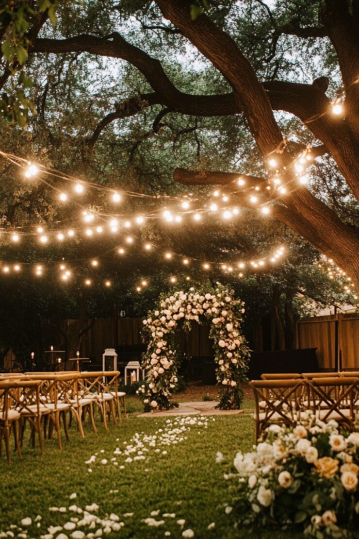 A beautifully decorated backyard wedding ceremony with an intimate setup, including string lights, floral arrangements, and wooden chairs under a large tree.