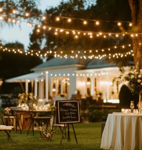 A beautifully decorated backyard wedding with string lights, personalized signage, and elegant decor, creating an intimate and charming outdoor venue.