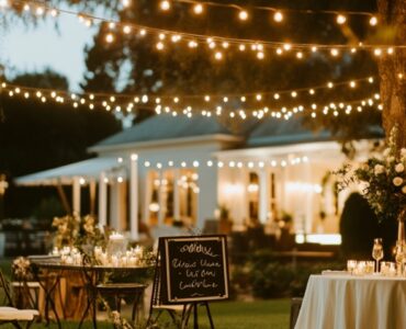 A beautifully decorated backyard wedding with string lights, personalized signage, and elegant decor, creating an intimate and charming outdoor venue.