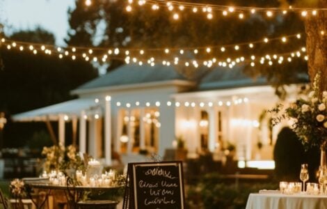 A beautifully decorated backyard wedding with string lights, personalized signage, and elegant decor, creating an intimate and charming outdoor venue.