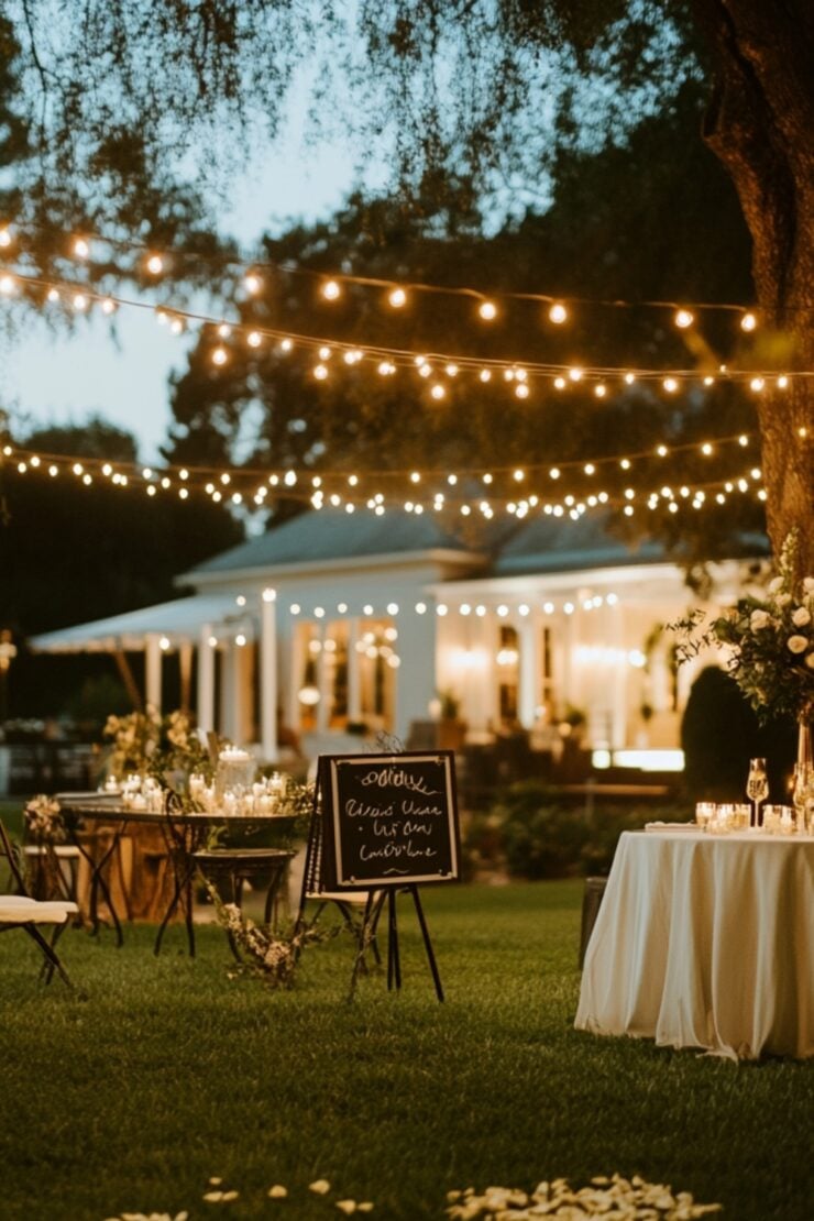 A beautifully decorated backyard wedding with string lights, personalized signage, and elegant decor, creating an intimate and charming outdoor venue.