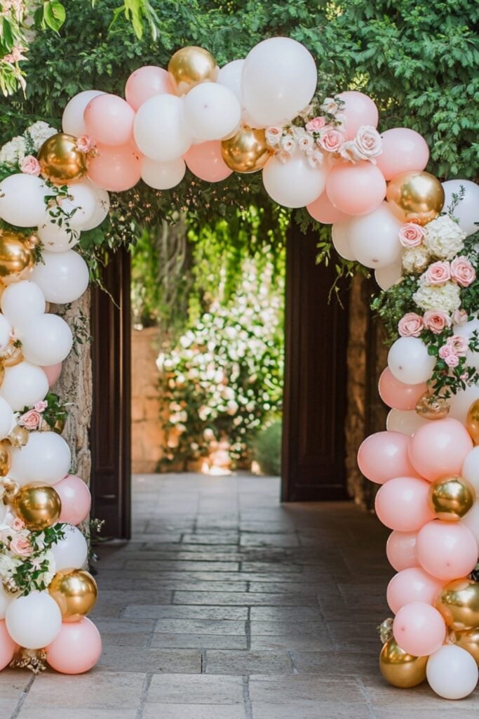A colorful balloon arch in white, gold, and blush pink adorning the entrance of an engagement party, surrounded by greenery and flowers.