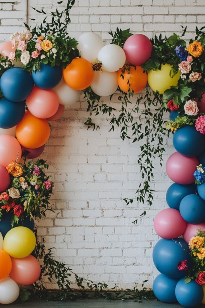 A colorful balloon garland with flowers and greenery, used as a decorative arch for a photo backdrop at a wedding venue.