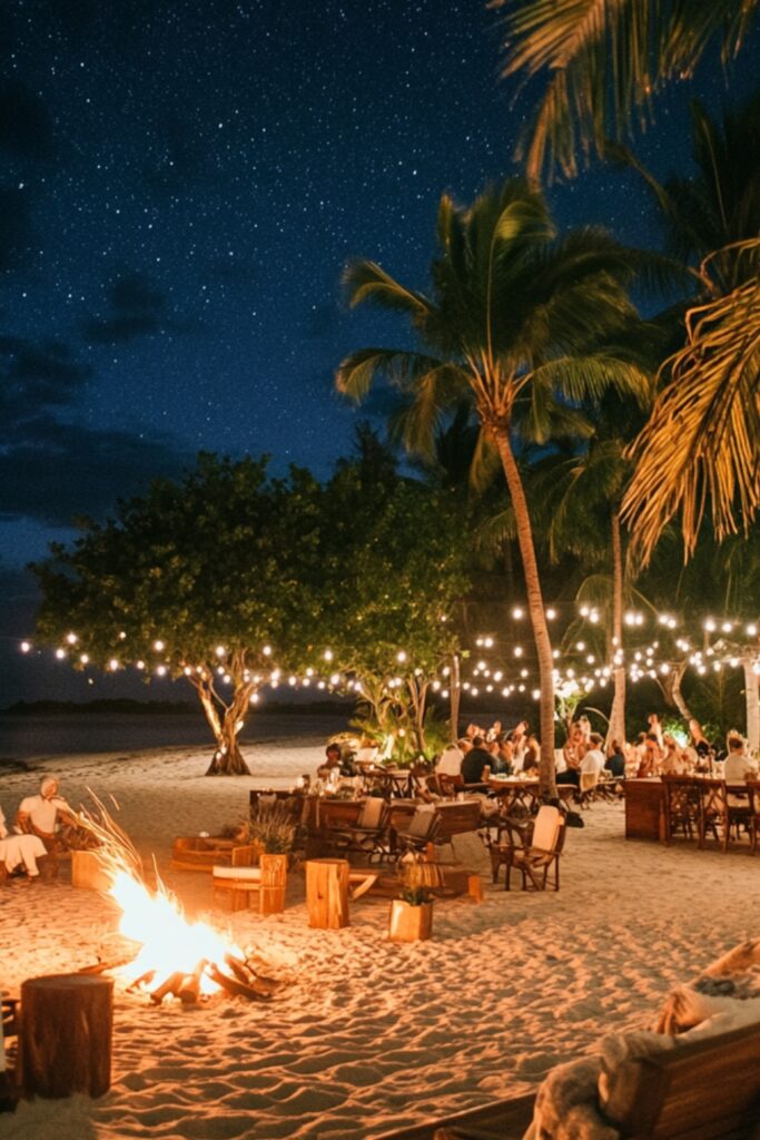 A beachfront reception with lounge seating, tropical cocktails, seafood dishes, and guests enjoying a bonfire under the starry sky.