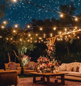 An intimate backyard wedding reception setup with string lights, floral arrangements, and a cozy seating area under a starry sky.