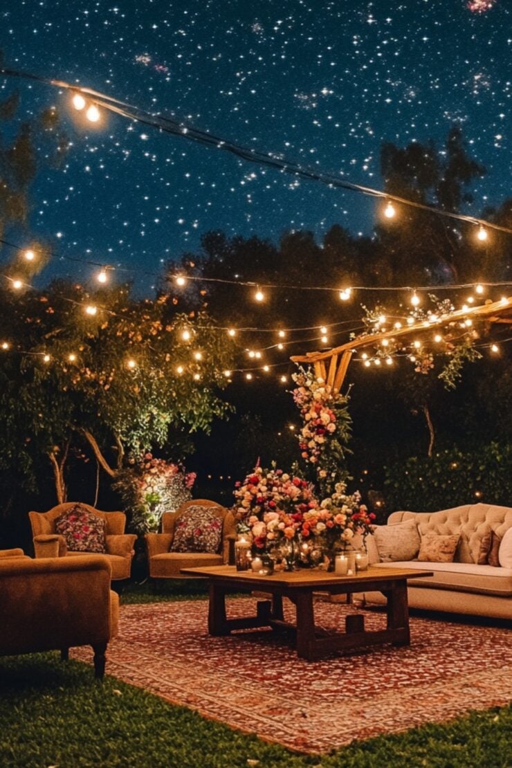An intimate backyard wedding reception setup with string lights, floral arrangements, and a cozy seating area under a starry sky.