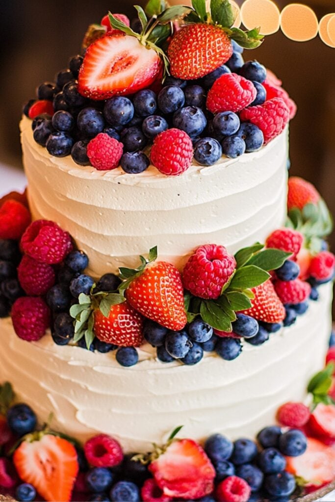 A colorful wedding cake topped with fresh strawberries, blueberries, and raspberries, layered with cream cheese frosting and a vibrant berry compote filling.