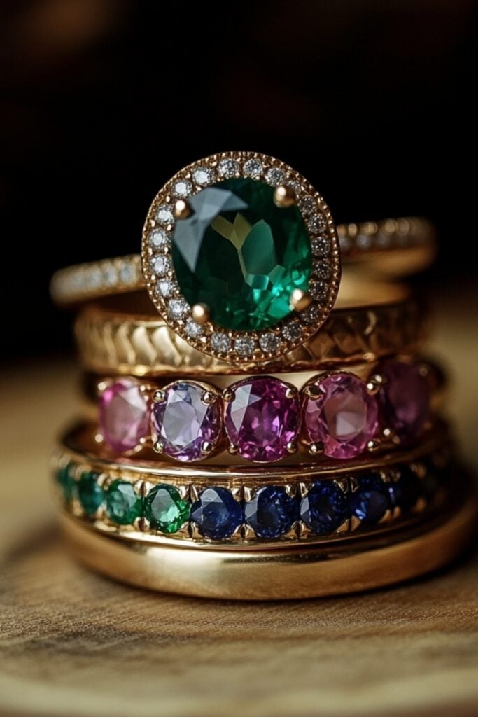 A personalized stack of rings featuring colorful gemstones like sapphire and emerald, adding a vibrant touch to a wedding set displayed on a wooden surface.