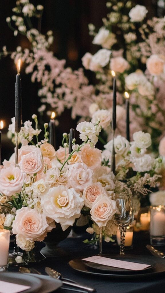 A romantic black-and-blush wedding setting with blush pink florals, black tablecloths, and soft blush candles for a dreamy atmosphere.