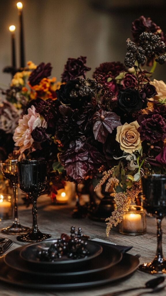 A moody and intimate wedding setup with deep burgundy florals, black tableware, and warm candlelight, perfect for fall or winter celebrations.