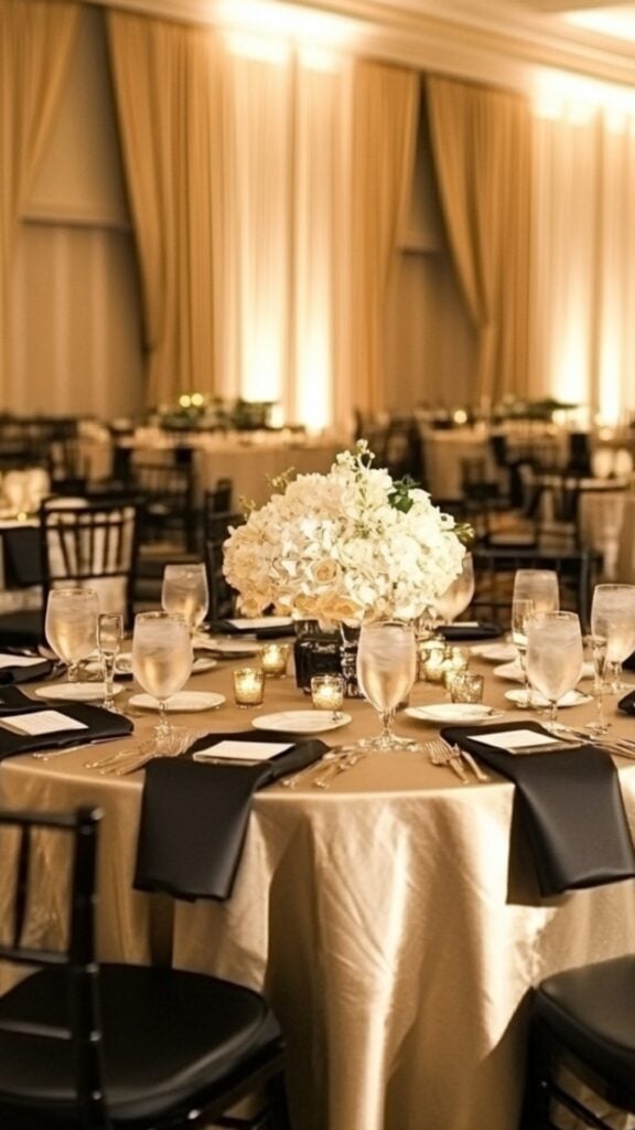 A soft black-and-champagne wedding display with champagne-colored linens, golden lighting, and black chairs for understated elegance.