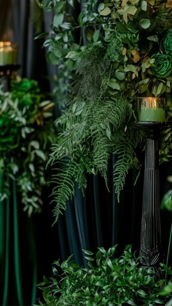 A lush emerald and black wedding scene featuring green foliage, black velvet details, and elegant emerald bridesmaids' gowns.