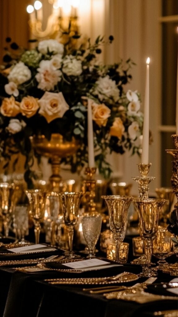 A luxurious wedding reception table adorned with black velvet linens, gold candelabras, gold-rimmed glassware, and glowing candlelight for a glamorous ambiance.