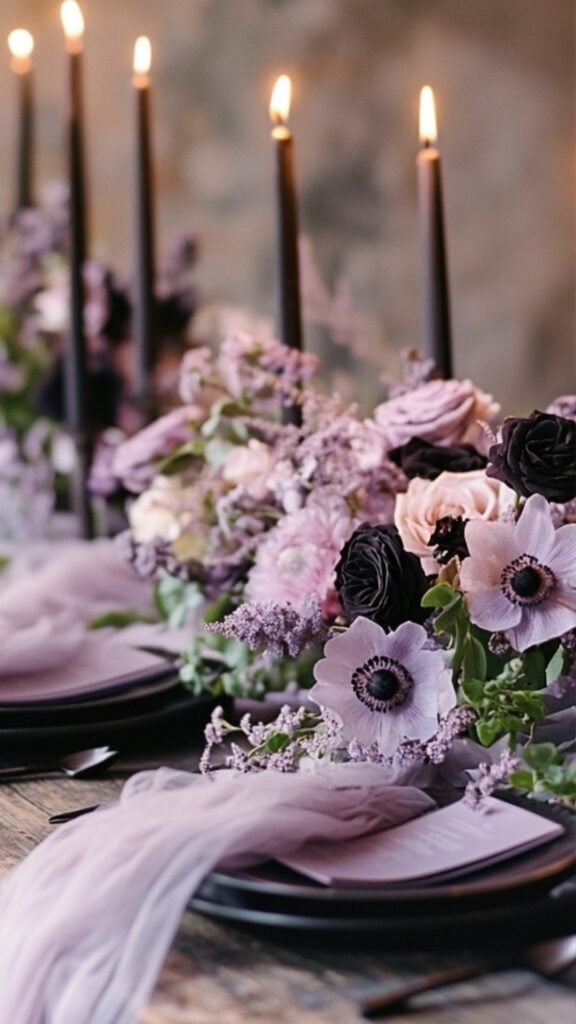 A whimsical black-and-lavender wedding theme with delicate lavender florals, black candles, and flowing lavender bridesmaids’ dresses.