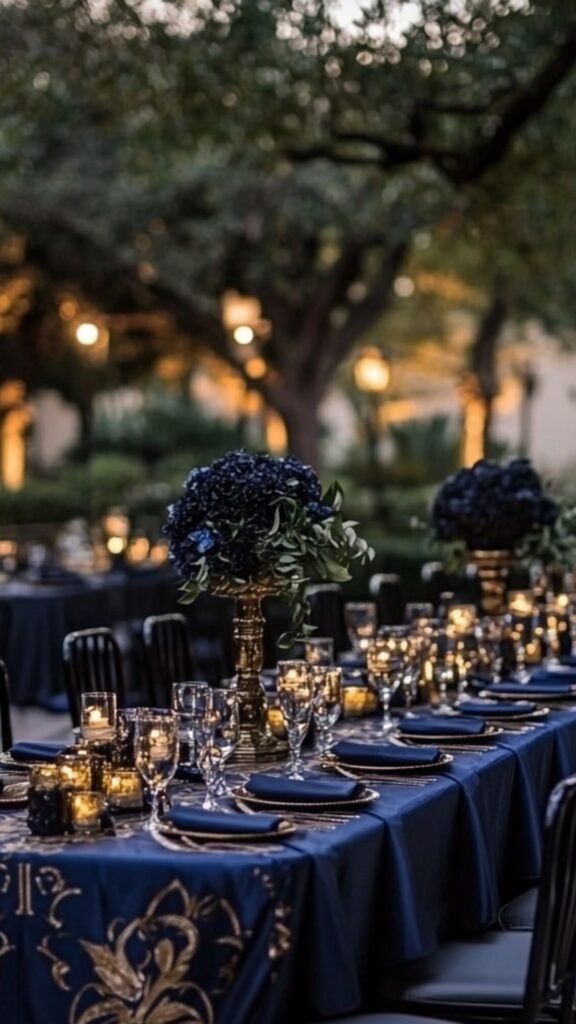 A regal black-and-navy wedding setup with navy runners, black chairs, and subtle gold accents for a luxurious evening celebration.