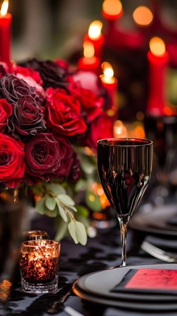 A bold black-and-red wedding design with red roses, black table settings, and dramatic scarlet accents for a passionate celebration.