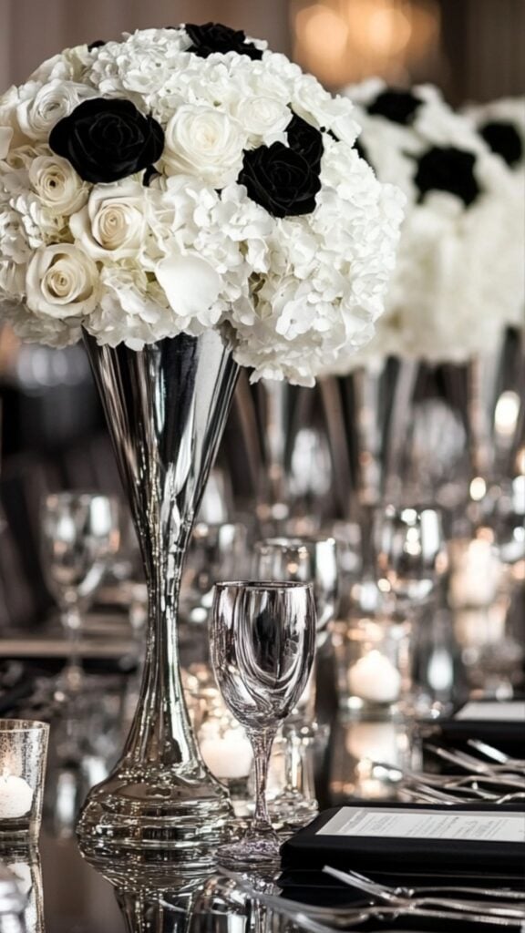 A sleek black and silver wedding arrangement with mirrored surfaces, chrome candlesticks, and contemporary black-and-silver decor.