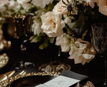 An elegant wedding table setting featuring black linens, gold-rimmed dinnerware, and romantic floral arrangements, showcasing the timeless sophistication of black wedding palettes.