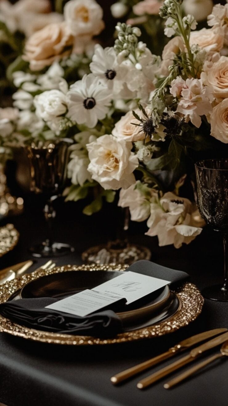 An elegant wedding table setting featuring black linens, gold-rimmed dinnerware, and romantic floral arrangements, showcasing the timeless sophistication of black wedding palettes.