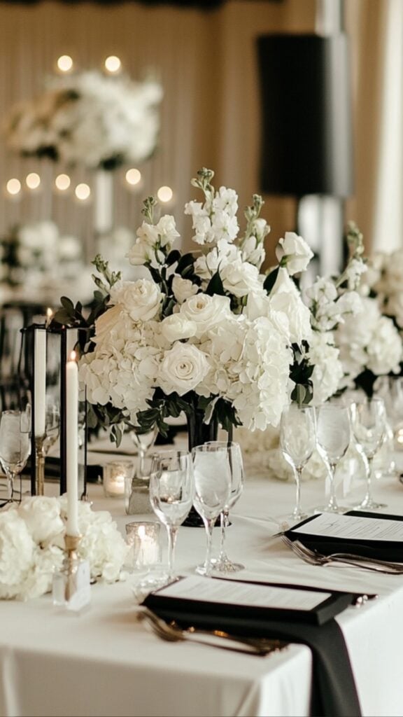 A crisp black-and-white wedding setup with black tuxedos, white bouquets, and a classic table arrangement featuring white linens and black accents.