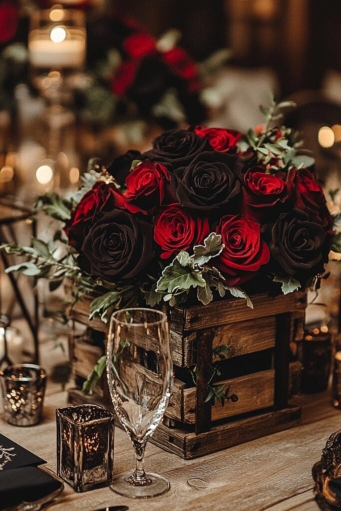 A dramatic black-and-red rustic wedding theme featuring deep red roses in wooden crates, black lanterns, and velvet table runners for an elegant touch.