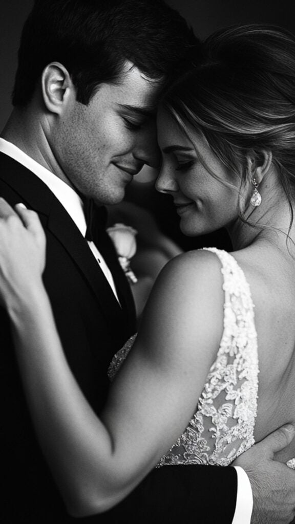 A couple sharing their first dance in a black-and-white photo, showcasing the timeless emotion and elegance of their connection.