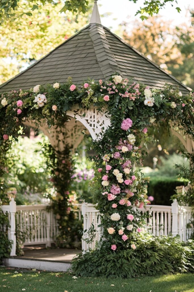 An enchanting outdoor garden venue for a spring wedding, featuring lush greenery, vibrant blooming flowers, and a charming gazebo decorated with delicate floral garlands.