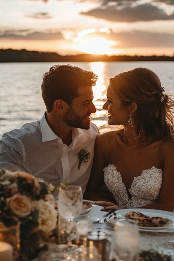 A couple celebrating their wedding on a boat with serene water views, elegant decor, and a sunset in the background.