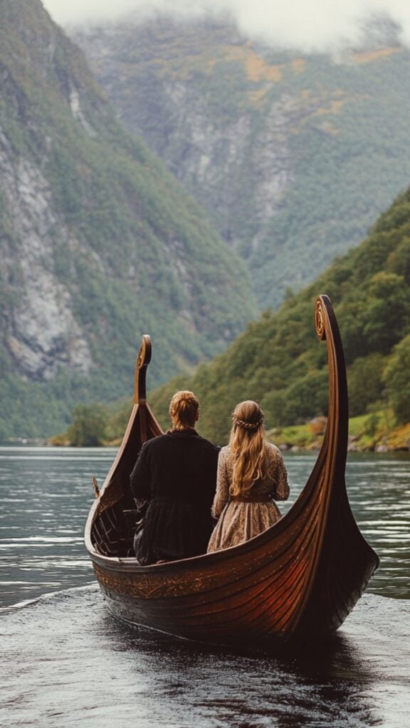 Couple in a traditional Viking boat gliding through a scenic fjord, capturing the adventurous spirit of Viking explorers during a romantic proposal.