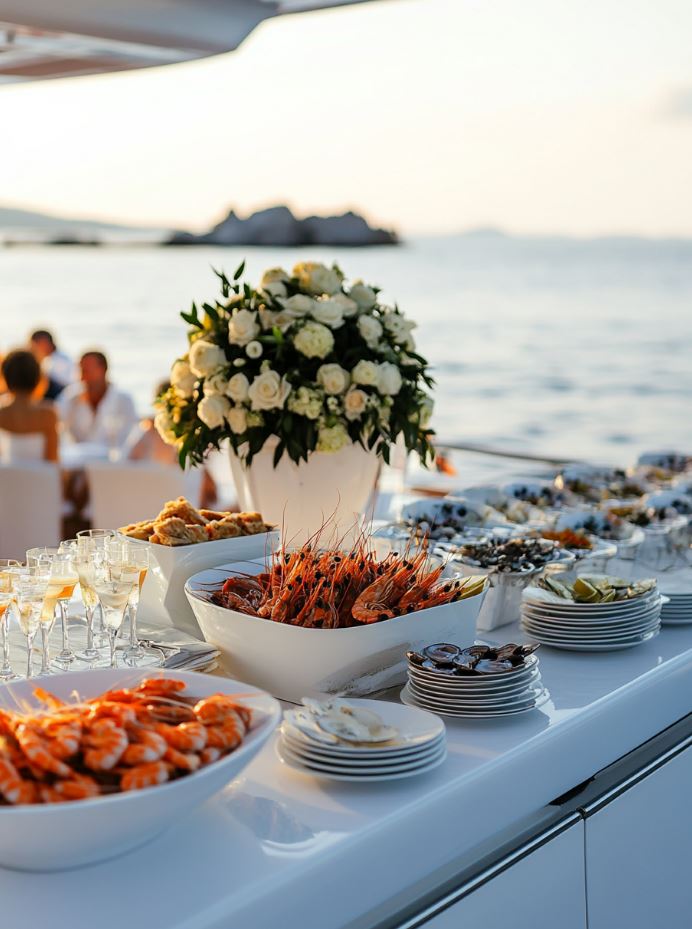 Elegant boat or yacht wedding reception with guests enjoying cocktails and seafood while cruising on calm waters with a scenic backdrop.