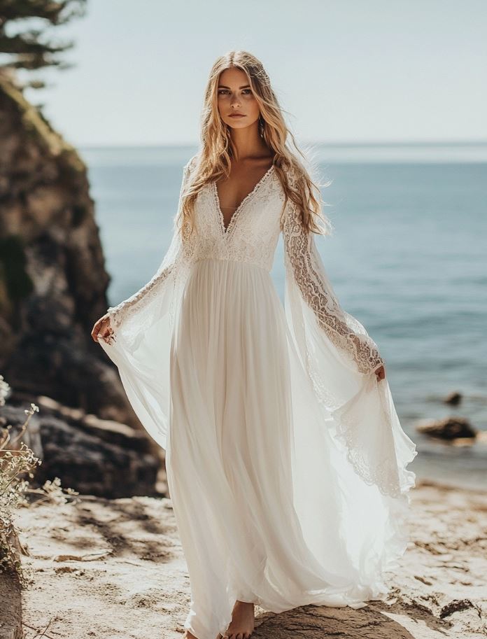 A bohemian-style wedding dress with flowing chiffon fabric, vintage-inspired lace, and bell sleeves. The bride stands barefoot in a relaxed, free-spirited style, perfect for outdoor or beach weddings. The dress embraces natural beauty and comfort, reflecting a romantic, laid-back vibe ideal for boho-loving brides.