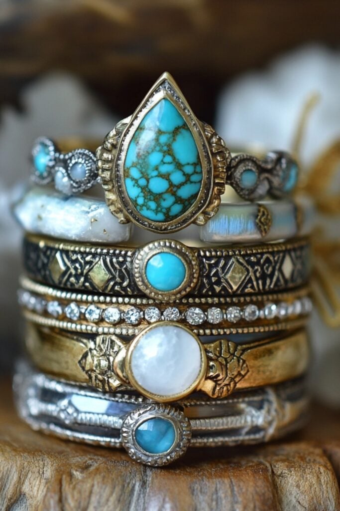 Bohemian-style ring stack with a mix of vintage-inspired bands featuring intricate patterns, textured finishes, and gemstone accents like turquoise and moonstone.