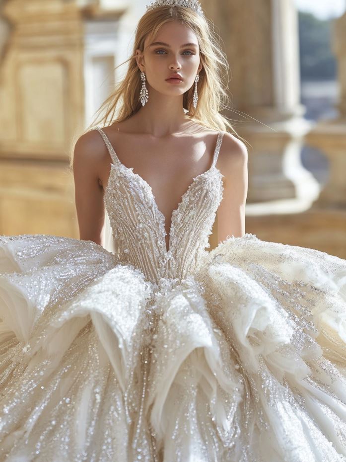 A bold ball gown with a dramatic voluminous skirt, corset-style bodice, and shimmering metallic accents. The dress evokes a fairy-tale look, perfect for brides who want to make a grand entrance. Statement accessories like a jeweled crown or oversized earrings complete this opulent bridal ensemble.