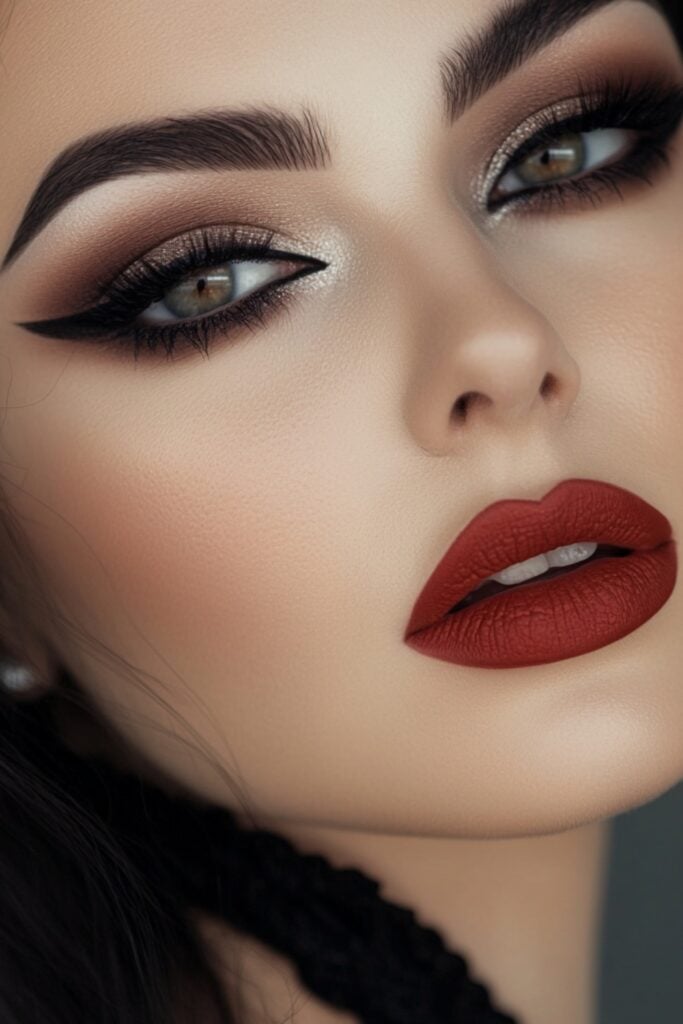 Portrait of a woman wearing dramatic smoky eye makeup with black eyeshadow, groomed brows, and a bold red lip, perfect for an evening wedding.