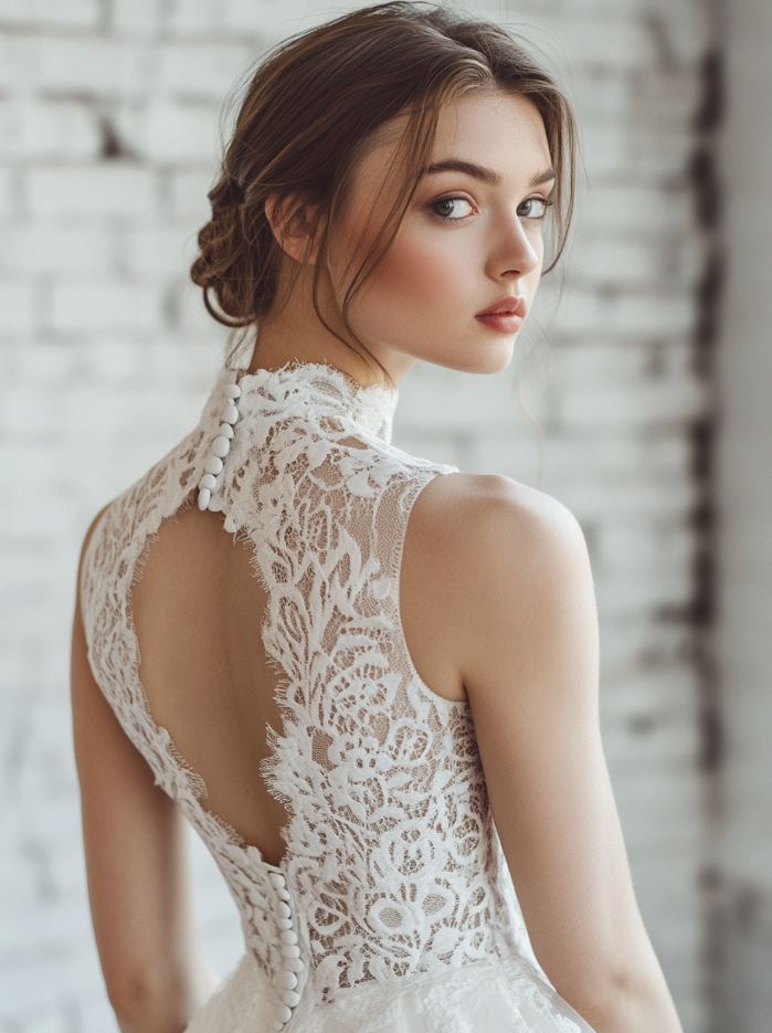 A wedding dress featuring bold, graphic lace patterns such as geometric or floral motifs. The lace adds texture, dimension, and visual interest to the gown, transforming a classic bridal look into a striking and modern piece. This trend combines traditional lace with contemporary design elements, creating a fresh, eye-catching aesthetic for the bride.