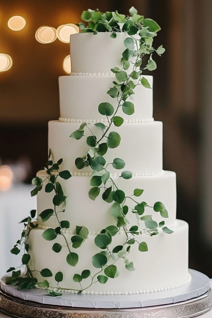 A sleek white wedding cake adorned with cascading edible greenery like eucalyptus and ivy, creating a fresh and modern spring look.