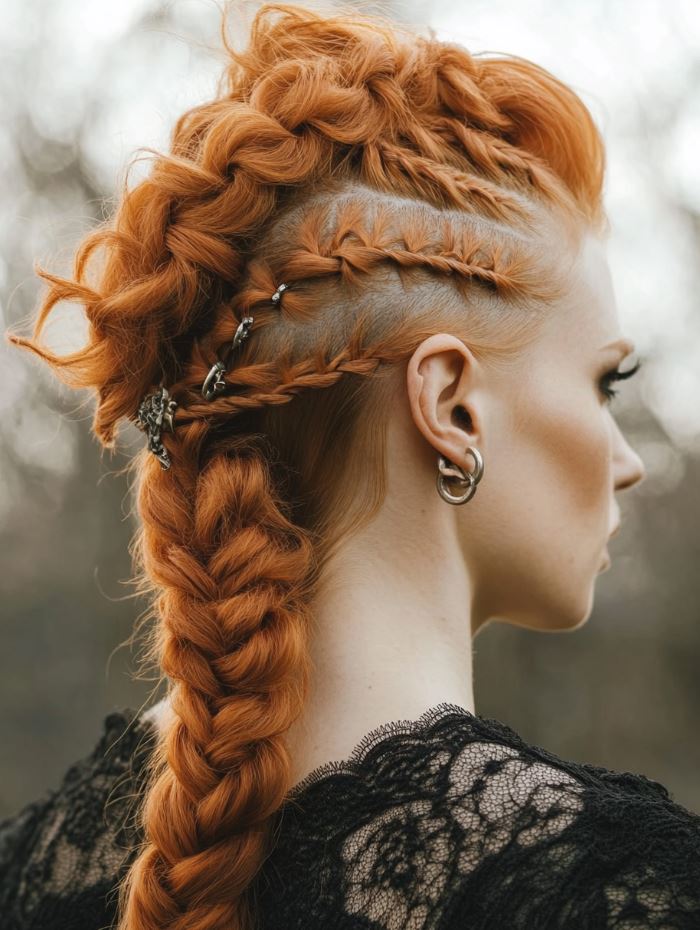 A bold braided hawk hairstyle with shaved sides and metal rings, creating a dramatic Viking-inspired bridal look with a modern twist.