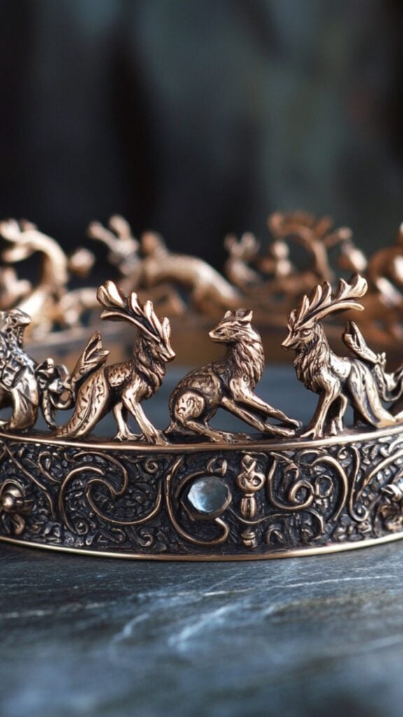 A rustic bronze Viking bridal crown embellished with animal carvings and Norse motifs, symbolizing resilience and heritage for a traditional Viking bride.